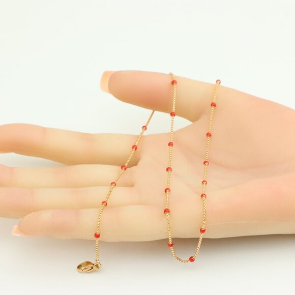 "Rose Gold Dainty Red Bead Necklace with Adjustable Chain, XPNL0274 - Picture 4 of 12